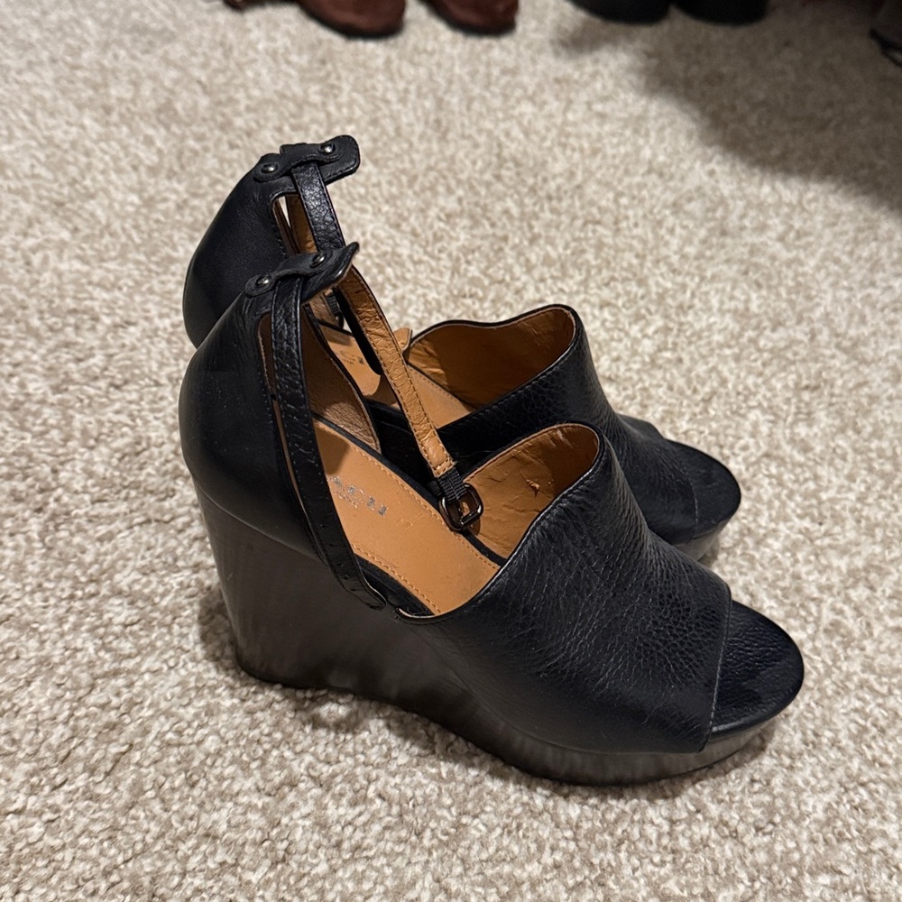 Coach Edita Black Leather Open Toe Ankle Strap Wood Heel Wedge Sz 6.5B